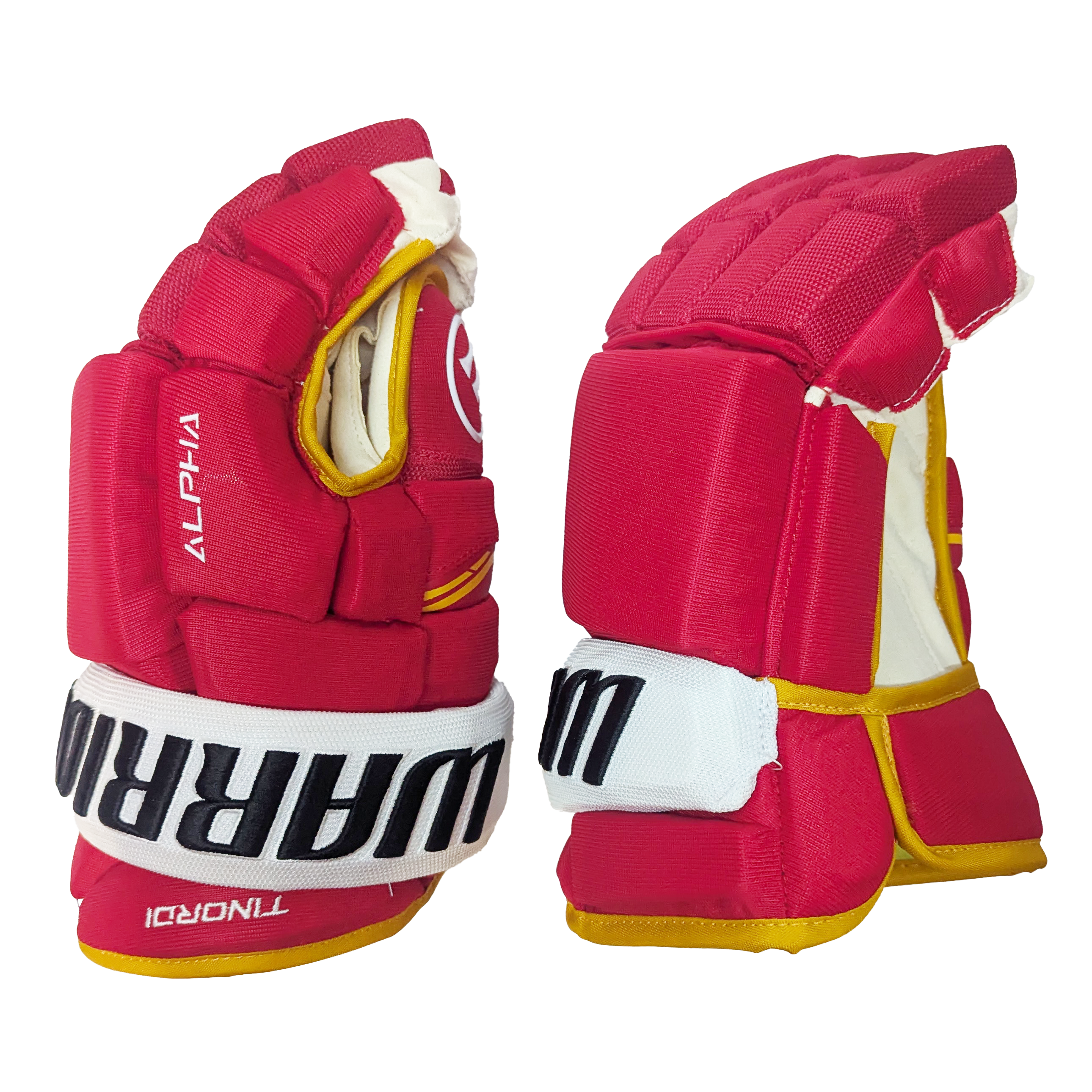 Warrior Alpha QX - Gant NHL Pro Stock - Jarred Tinordi (Rouge/Jaune/Blanc)